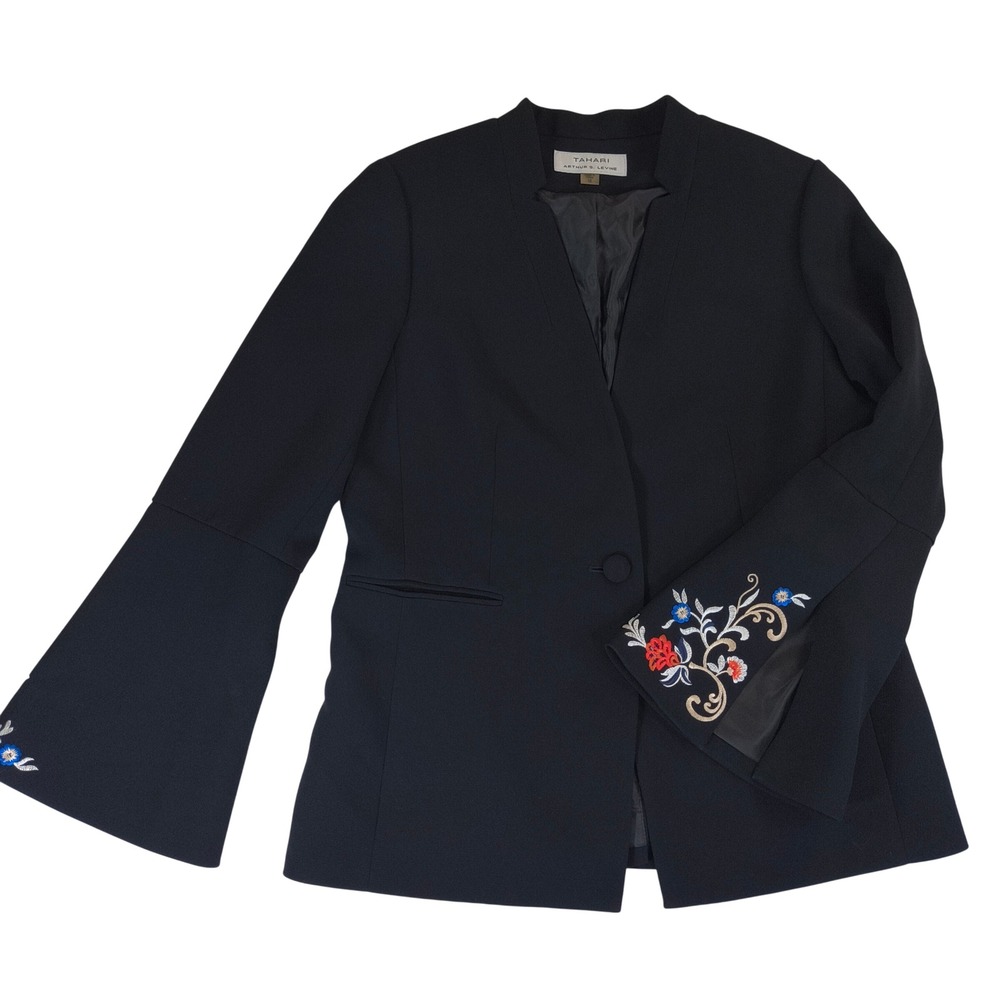 Tahari Arthur S Levine Black Embroidered Bell Sleeve Blazer Jacket Size 10